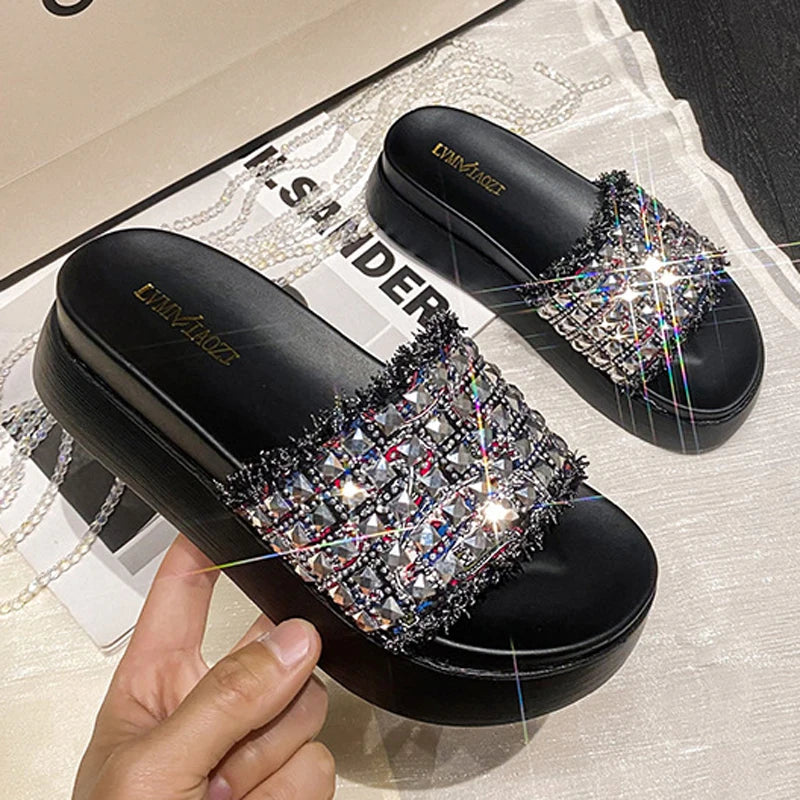 Sparkle Rhinestone Slippers Women Tassel Fabric Platform Flats Sandals Ladies Summer Beach Slides Slip On Pantufla Muffins Shoes