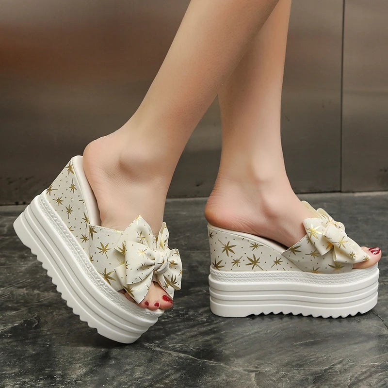 LazySeal 12cm Super High Women Slides Sandal Butterfly Knot Dec Women Wedding Shoes Maple Leaf Pattern New Platform Summer Shoes