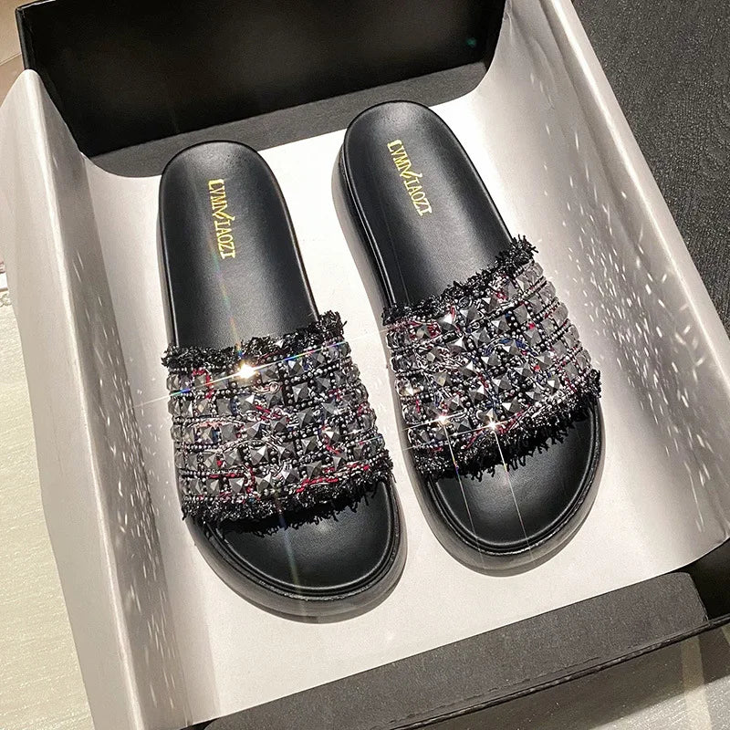 Sparkle Rhinestone Slippers Women Tassel Fabric Platform Flats Sandals Ladies Summer Beach Slides Slip On Pantufla Muffins Shoes