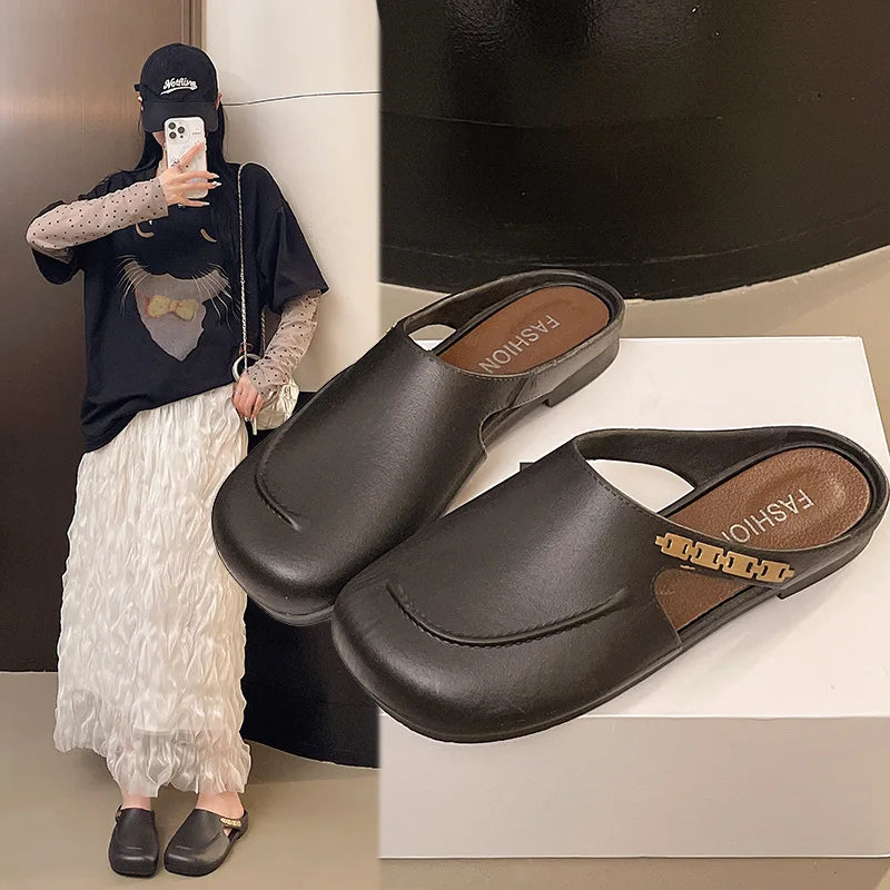 French bag head slippers women's summer wear flat bottom bag head pedal Muller skirt 2025 lazy new sandals