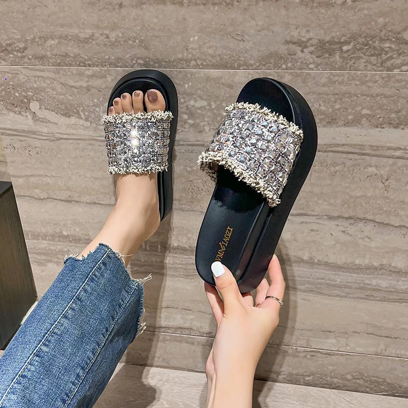 Sparkle Rhinestone Slippers Women Tassel Fabric Platform Flats Sandals Ladies Summer Beach Slides Slip On Pantufla Muffins Shoes